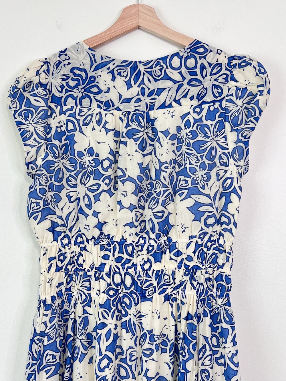 Current Air Blue White Floral Balloon Hem Midi Dress Smocked Waist Pockets Sz M - Picture 7 of 12